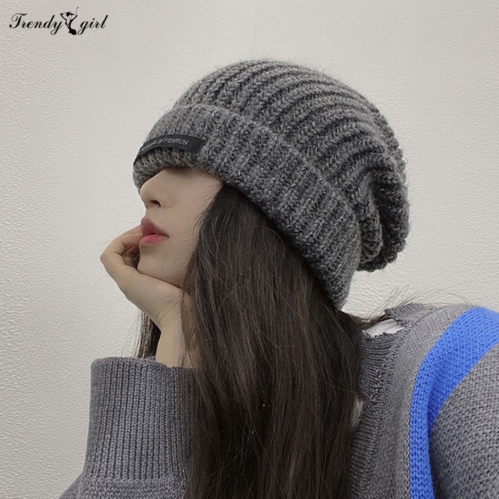 Mũ beanie Dệt Kim Dày Dặn Màu Trơn Giữ Ấm Mùa Đông Phong Cách Nhật Bản Cho Nữ