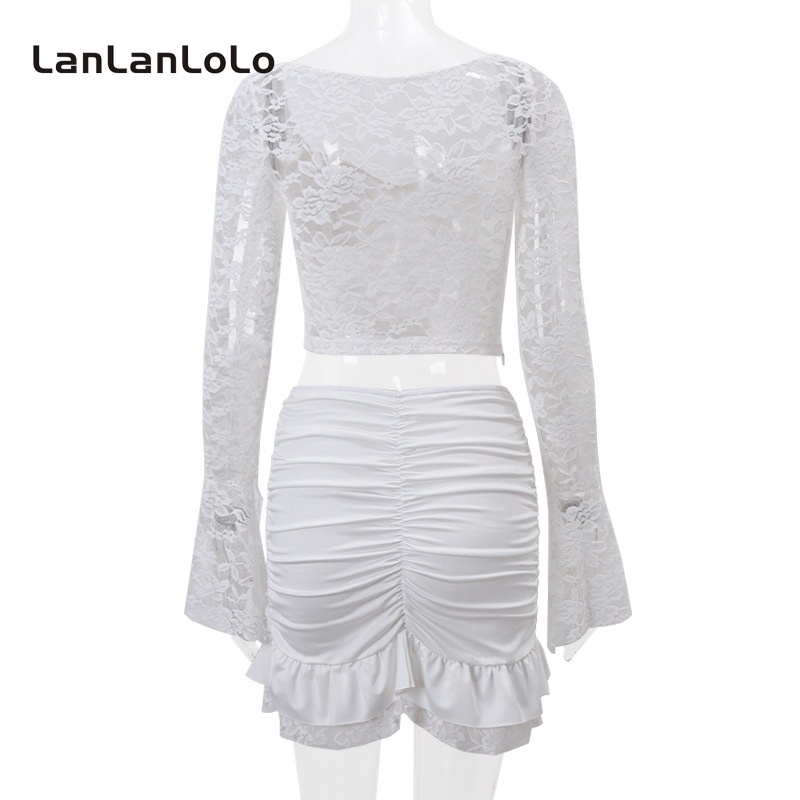 Lanlanlolo Bộ Áo Cổ Vuông Tay Chuông + Chân Váy Ngắn Màu Trơn Thời Trang 2023 Cho Nữ