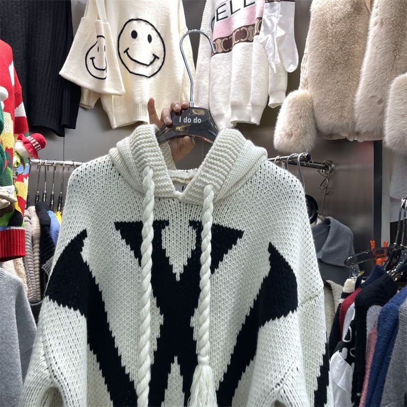 Áo Khoác Dệt Kim Có Mũ Trùm Dáng Rộng In Họa Tiết Thời Trang Thu Đông Cho Nữ