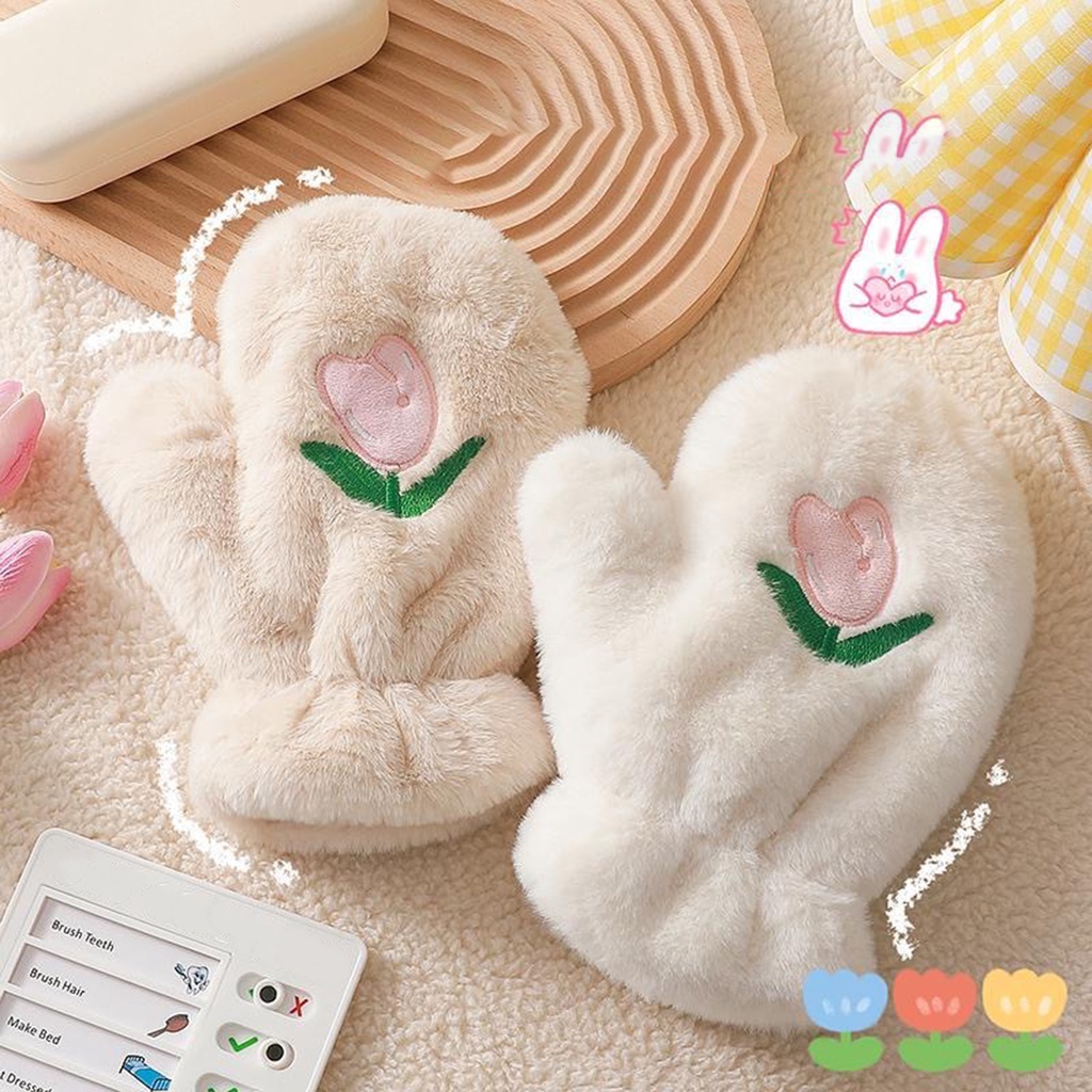 1 Cặp Găng Tay Lông Nhung Dày Dặn Ấm Áp Thêu Hoa tulip Dễ Thương