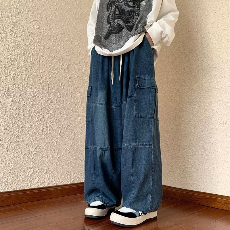 Thời Trang Quần Jean Dài Ống Rộng Màu Trơn Phối Túi Phong Cách hip hop Cá Tính Cho Nam