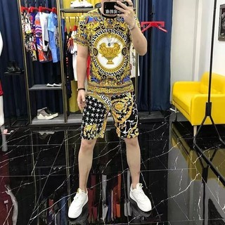 Áo thun tay ngắn cổ tròn in hình trạm 2023 kèm quần ngắn bằng lụa lạnh thời trang cho nam#男士套装#套装男