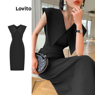 Đầm Lovito không đối xứng màu trơn thanh lịch cho nữ L65ED172 (màu đen)