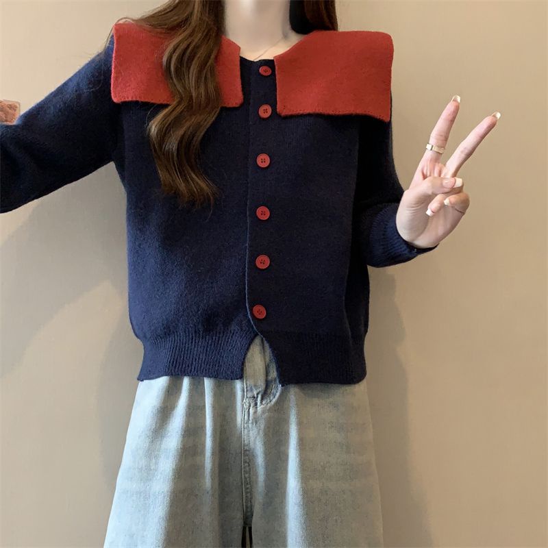 Áo sweater Cổ Hải Quân Tay Dài Dáng Rộng Phối Màu Tương Phản Thời Trang Thu Đông Cho Nữ
