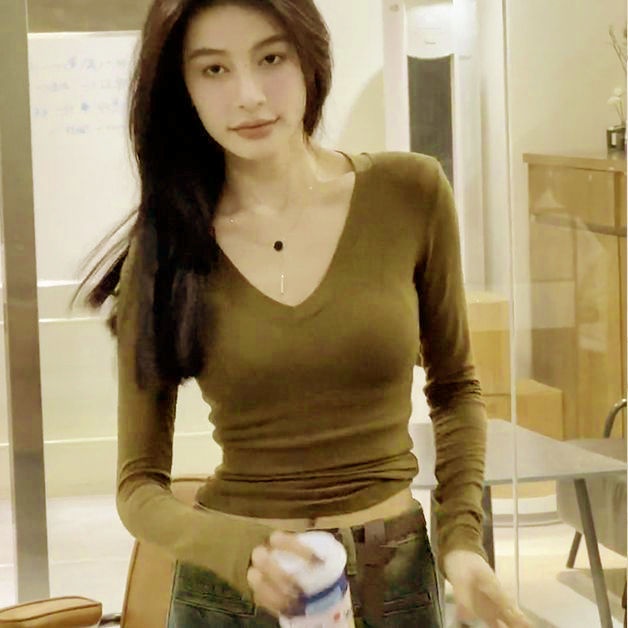 Áo Thun Nữ Tay Dài Cổ Chữ v Thời Trang Phong Cách