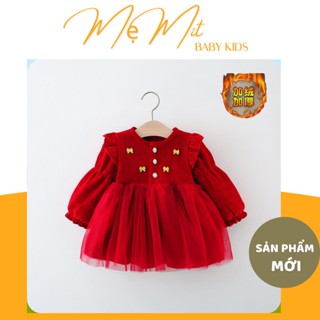 Váy dài tay thu đông cho bé, váy nhung đỏ 3 cúc đính nơ xinh xắn hàng Quảng Châu cao cấp cho bé gái từ 0 đến 4 tuổi