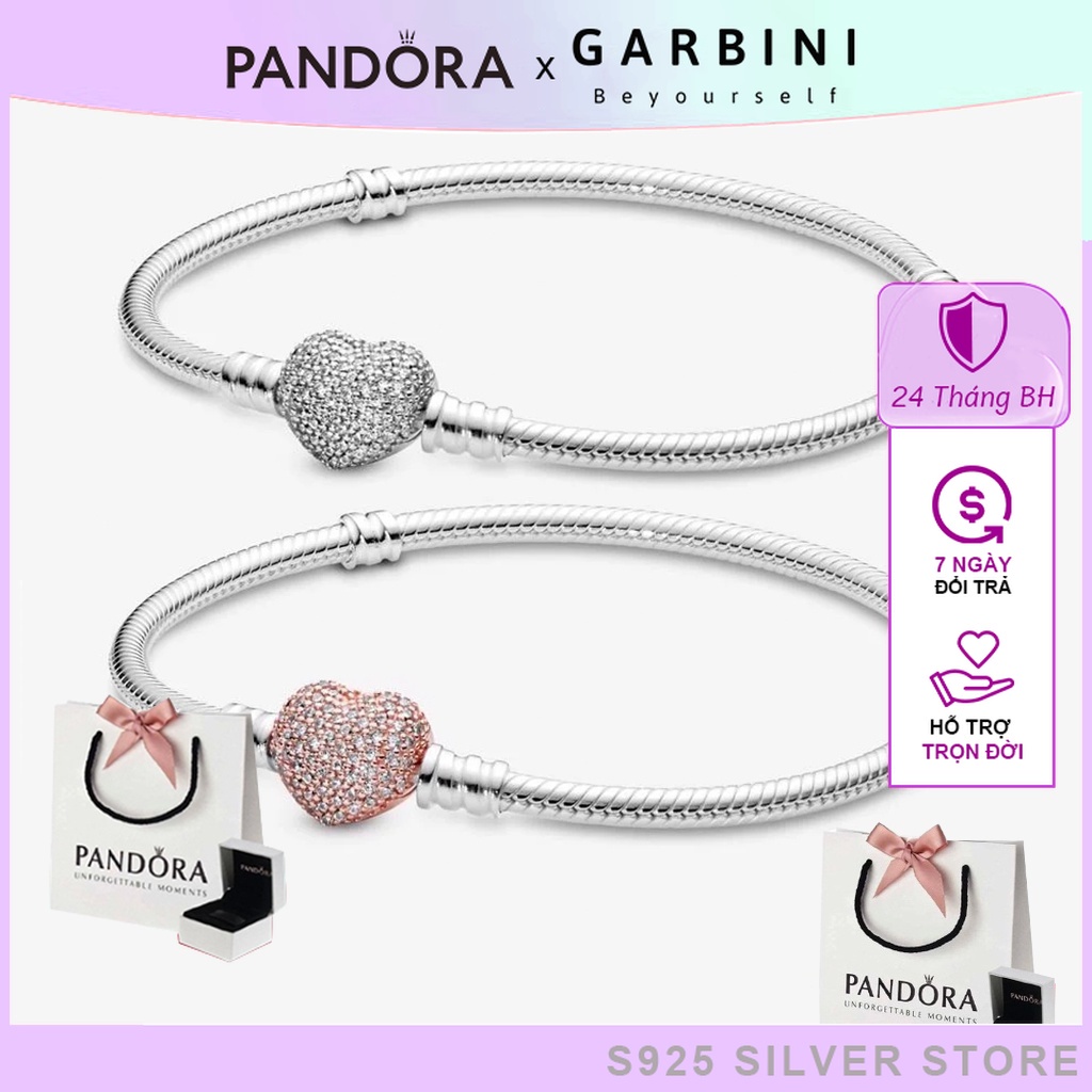 Vòng tay pandora, lắc tay bạc pandora mềm, vòng tay bạc charm pandora tim đá, bạc thật chuẩn s925 fullbox - Garbini
