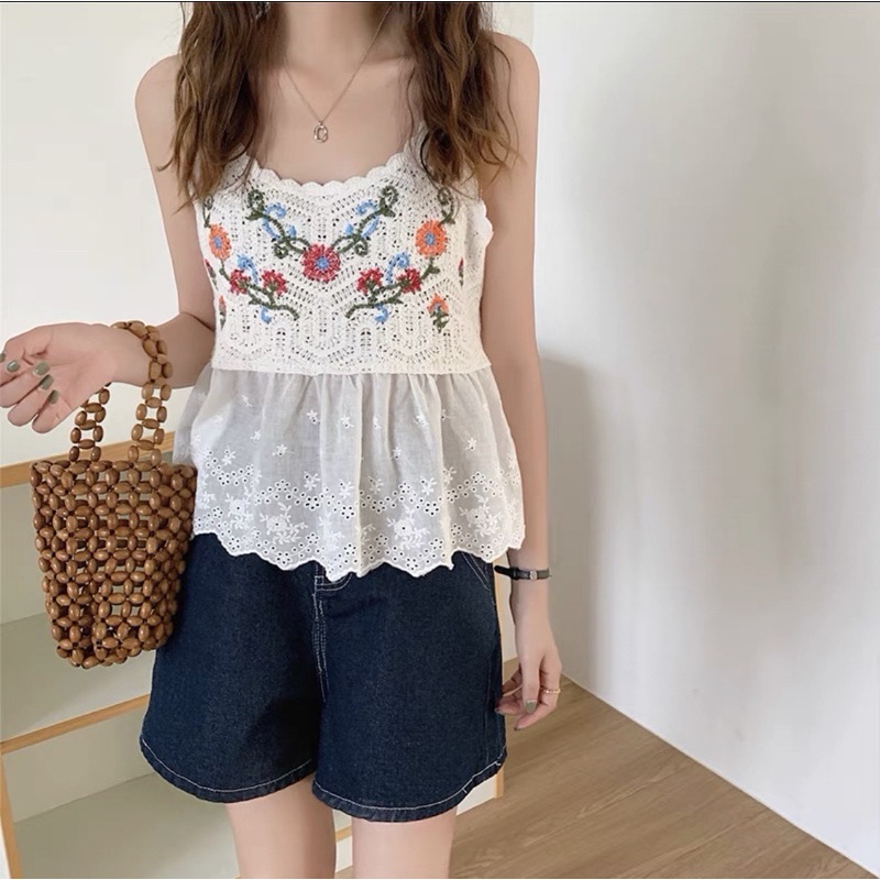 Áo 2s babydoll len móc phối vải boi thoáng mát, áo 2 dây nữ mùa hè đi biển hàng QC