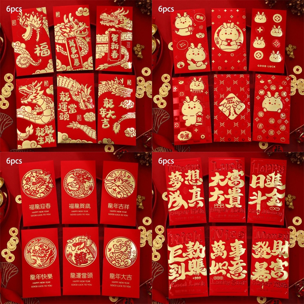 6 Chiếc 2024 Năm Rồng Gel Phong Bì Đỏ Sáng Tạo Hoạt Hình Phong Bì Đỏ Năm Rồng Điềm Lành Dày Chất Lượng Cao Màu đỏ