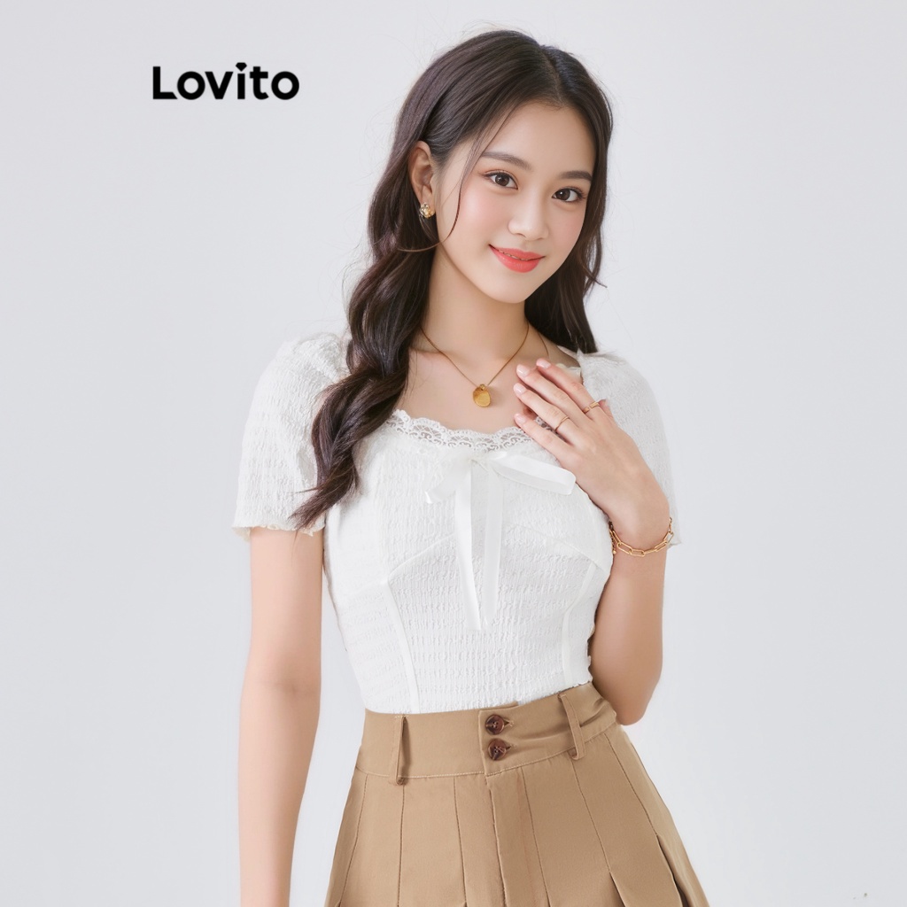 Áo tay phồng nơ trước phối ren Lovito xinh xắn cho nữ L54ED035 (màu trắng)
