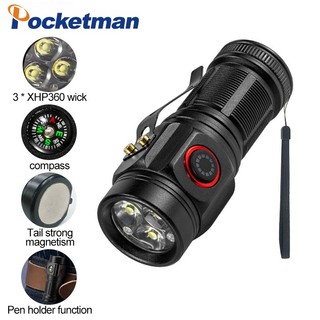 Đèn pin 3 * xhp360 led mini có thể sạc lại pin 18350 kèm kẹp nam châm tiện dụng