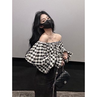 Áo Sơ Mi Tay Dài Một Bên Vai Cổ Lá Sen Họa Tiết Sọc Caro Phong Cách Pháp Cổ Điển Thời Trang Mùa Thu Dành Cho