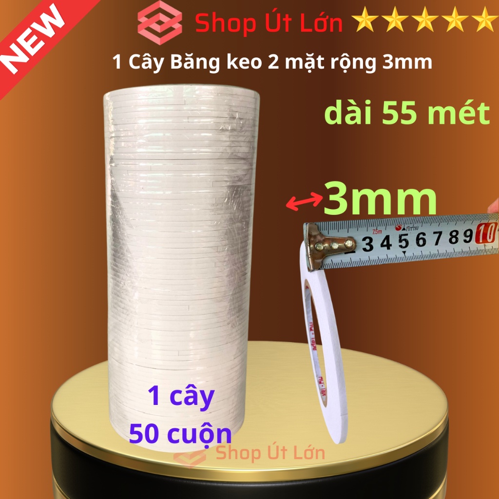 Băng keo 2 mặt trắng rộng 3mm, dài 55 mét, lõi giấy 3mm, 1 cây 50 cuộn, giá tại xưởng - Siêu Thị Băn