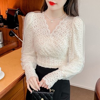 Áo Ren Nữ Tay Dài Cổ Chữ V Áo Phong Cách Hàn Quốc Thời Trang Thanh Lịch Áo Sơ Mi Trắng Mới