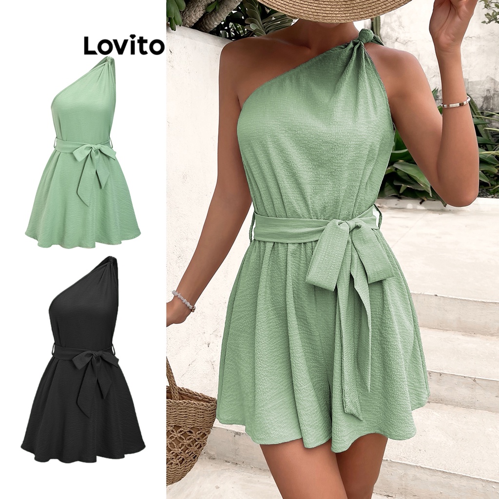 Jumpsuit Lovito lệch vai thắt lưng màu trơn thường ngày cho nữ LBE04048 (màu xanh lá)