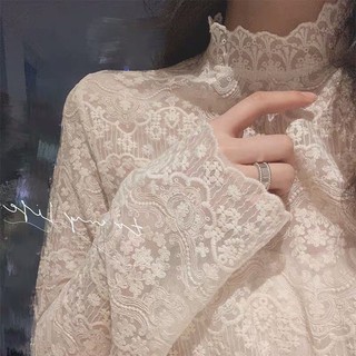 Áo sơ mi ren voan hoa mỏng cổ cao tiểu thư sang trọng Hàn Quốc