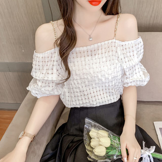Áo Sơ Mi Một Vai Kiểm Tra Nữ Mùa Hè 2025 Phong Cách Mới Tươi Ngọt Siêu Cổ Tích Đèn Lồng Tay Sling Dây Ngắn Top