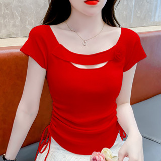 Thiết Kế Sense Tay Ngắn Nữ Mùa Hè Phong Cách Mới Dây Rút Top Slim-Fit Không Đều Áo Thun Nữ Dệt Kim