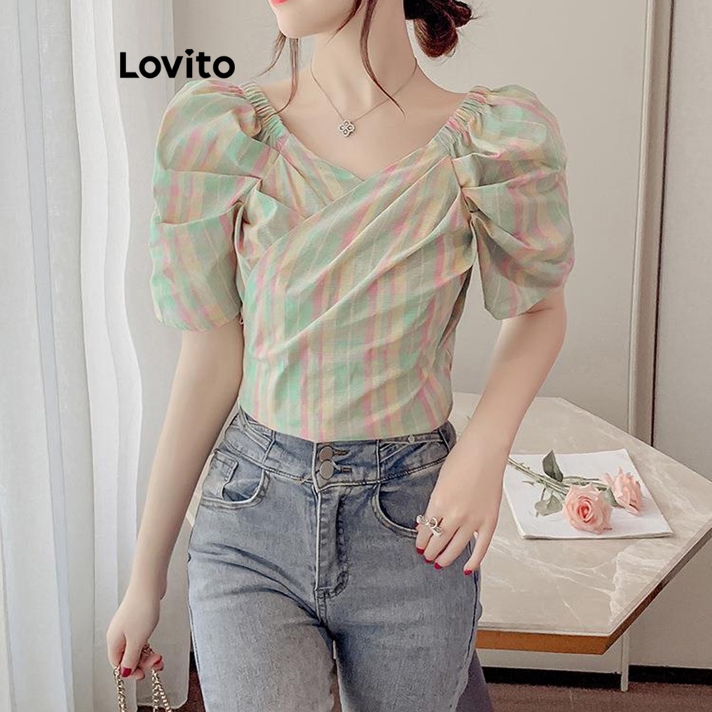 Áo kiểu Lovito tay phồng tôn dáng xếp nếp họa tiết hoa nhí thường ngày cho nữ LNE21276