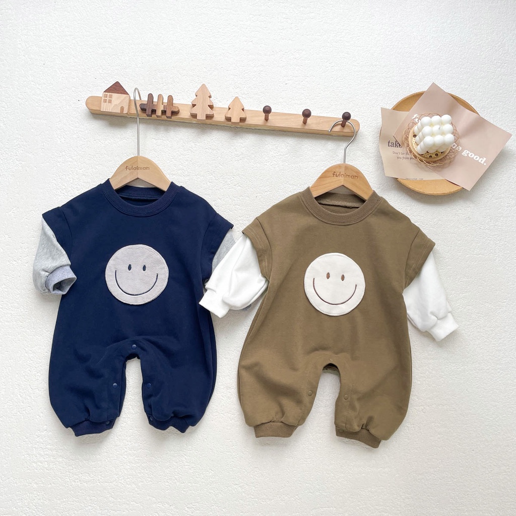 Áo Liền Quần Tay Dài In Hình Mặt Cười Dễ Thương Giữ Ấm Mùa Thu Cho Bé Trai / Gái 0-24 Tháng Tuổi