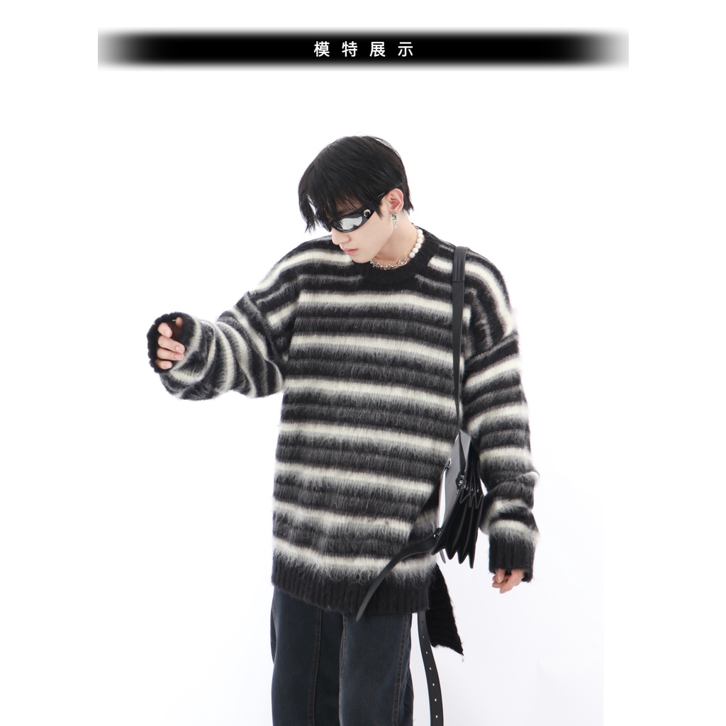 Đen Áo sweater Cổ Tròn Dáng Rộng Họa Tiết Kẻ Sọc Phong Cách Hip Hop Thời Trang Cho Nam