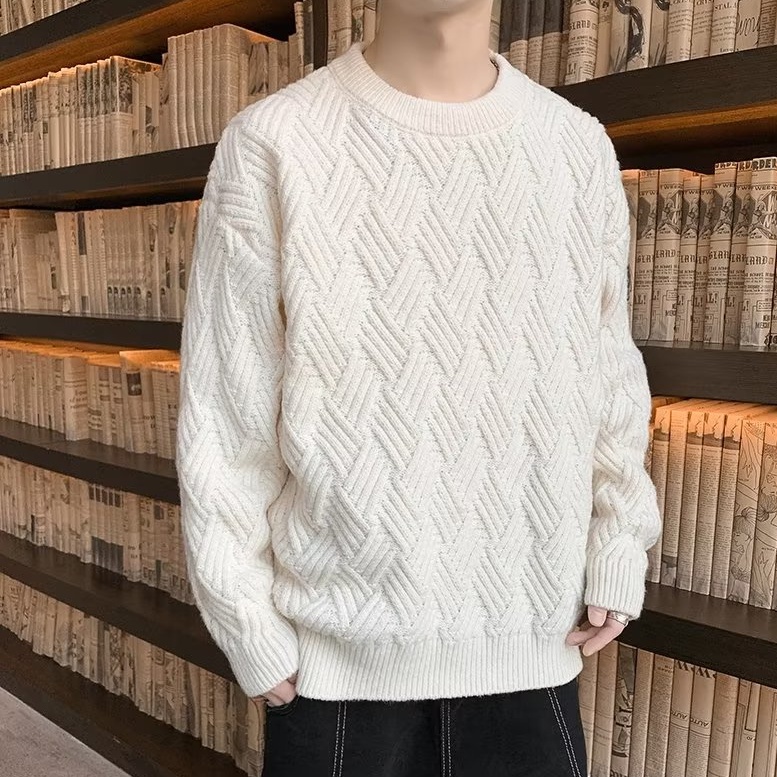 Fashion Áo Sweater Nam Sọc Cổ Tròn Nam Dáng Rộng Phối Rách Phong Cách Hàn Quốc Thời Trang Thu Đông Cho Cặp Đôi Áo Len Nam