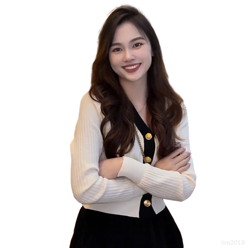 Áo Khoác cardigan Dệt Kim Cổ Chữ v Màu Sắc Tương Phản Thời Trang Thu Đông