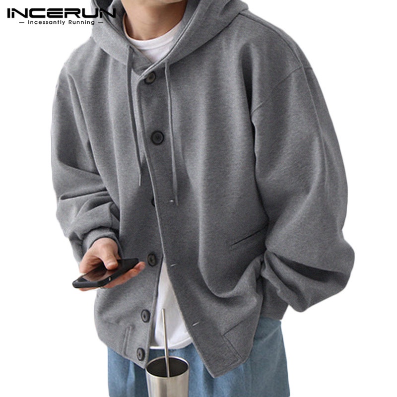 INCERUN Áo Hoodie Form Rộng Màu Sắc Đơn Giản Cho Nam