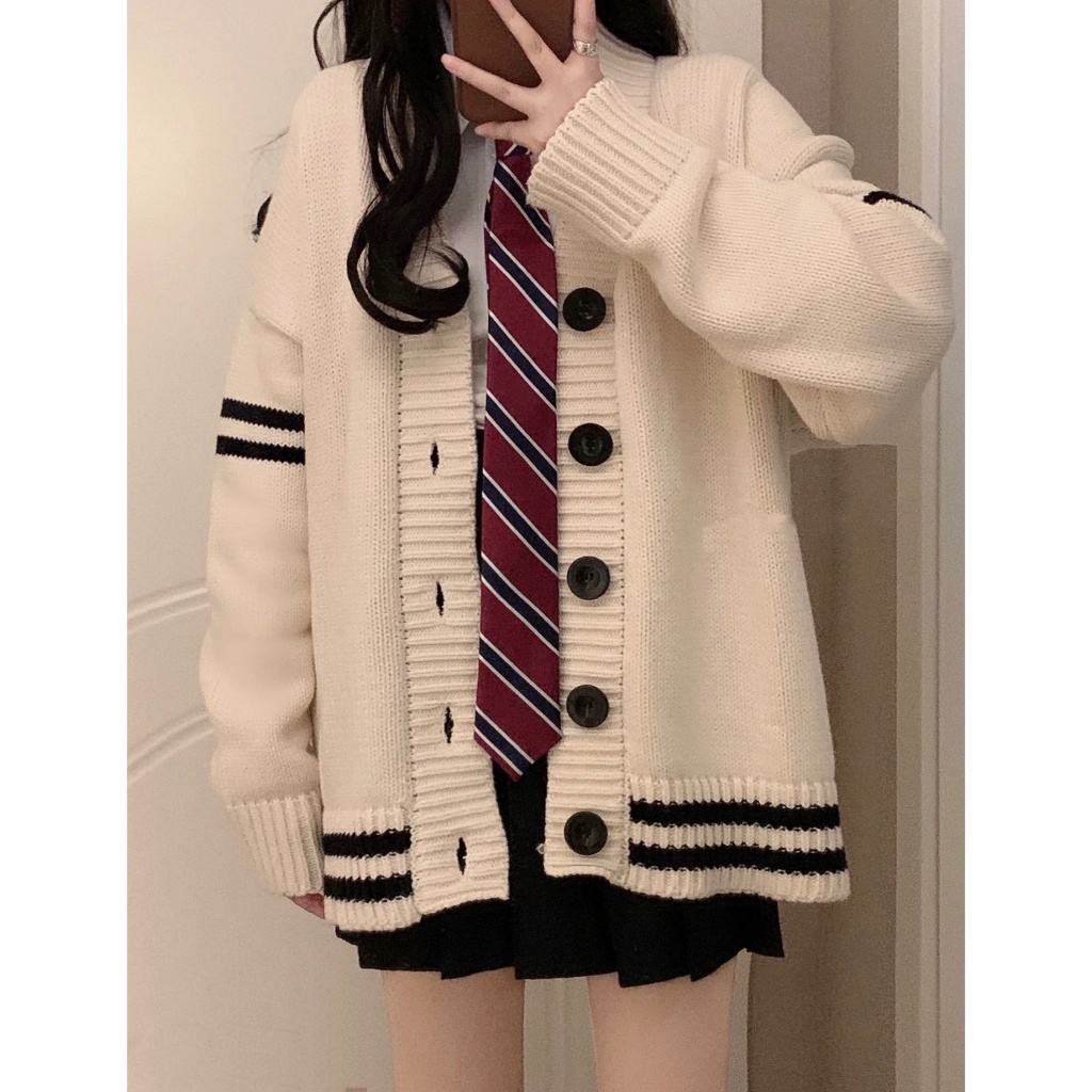 Áo khoác len nữ Cardigan kem phối sọc đen, Áo khoác dáng dài phong cách Hàn Quốc
