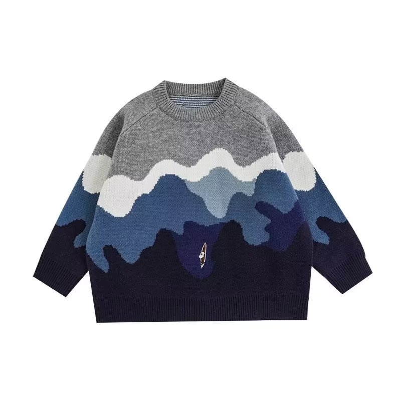 Áo sweater Cổ Tròn Thêu Họa Tiết Màu Sắc Tương Phản Thời Trang Thu Đông Cho Bé Trai