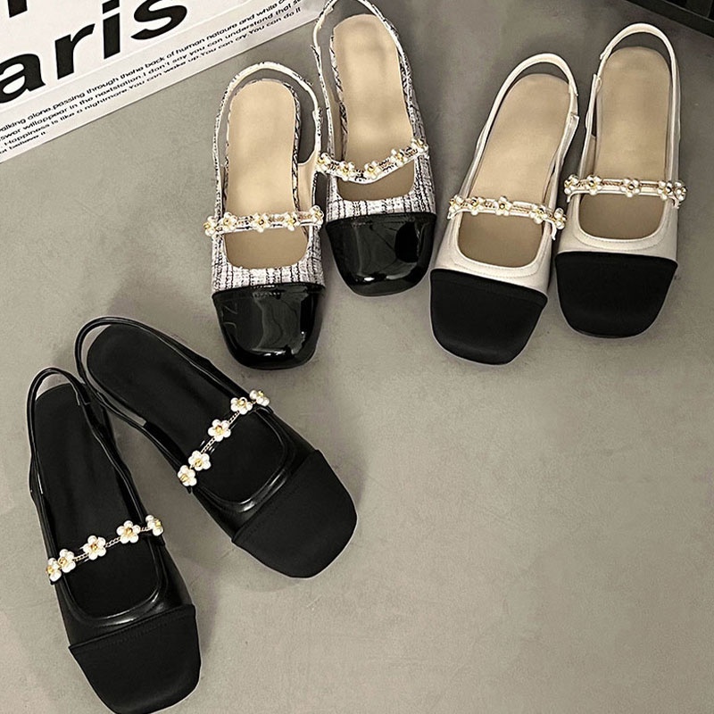 Qinos Sandal Mũi Vuông Hở Lưng Đính Ngọc Trai Phong Cách Hàn Quốc