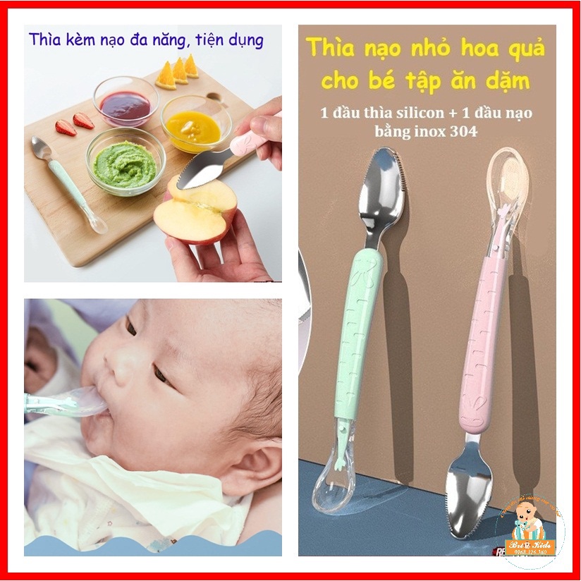 Thìa nạo hoa quả 2 đầu silicon và inox 304 cho bé ăn dặm cao cấp | Shop Mẹ Đa