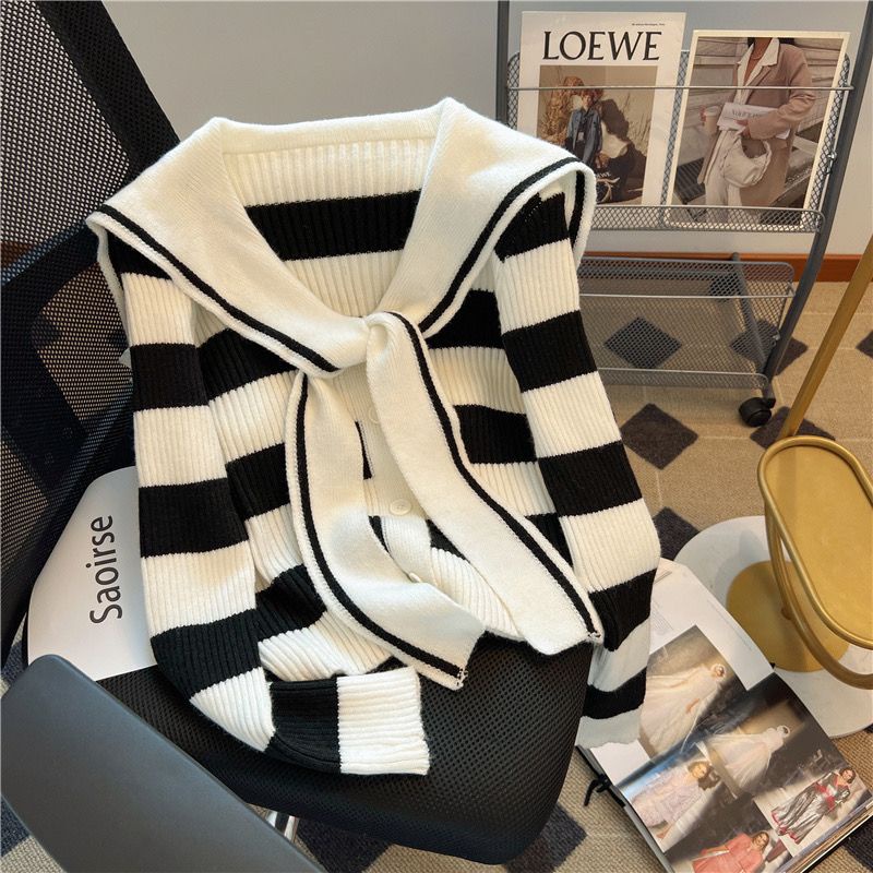 Áo Khoác cardigan Dệt Kim Cổ Thủy Thủ Kẻ Sọc Thời Trang Mùa Thu Phong Cách Pháp Cổ Điển Kiểu Mới Dành Cho Bạn Nữ