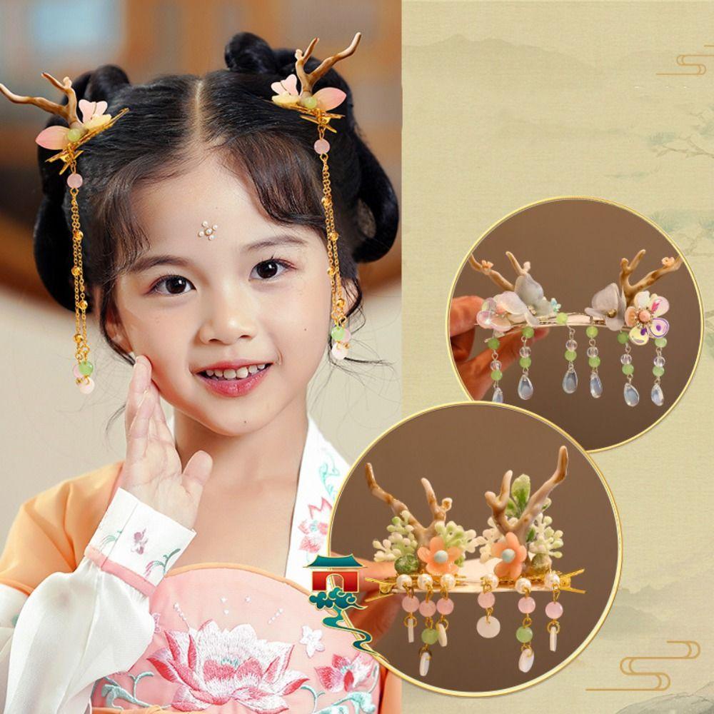 Moocho1 Kẹp Tóc Tua Rua Hình Sừng Hươu Hoa Phong Cách Cổ Điển Cho Bé Gái