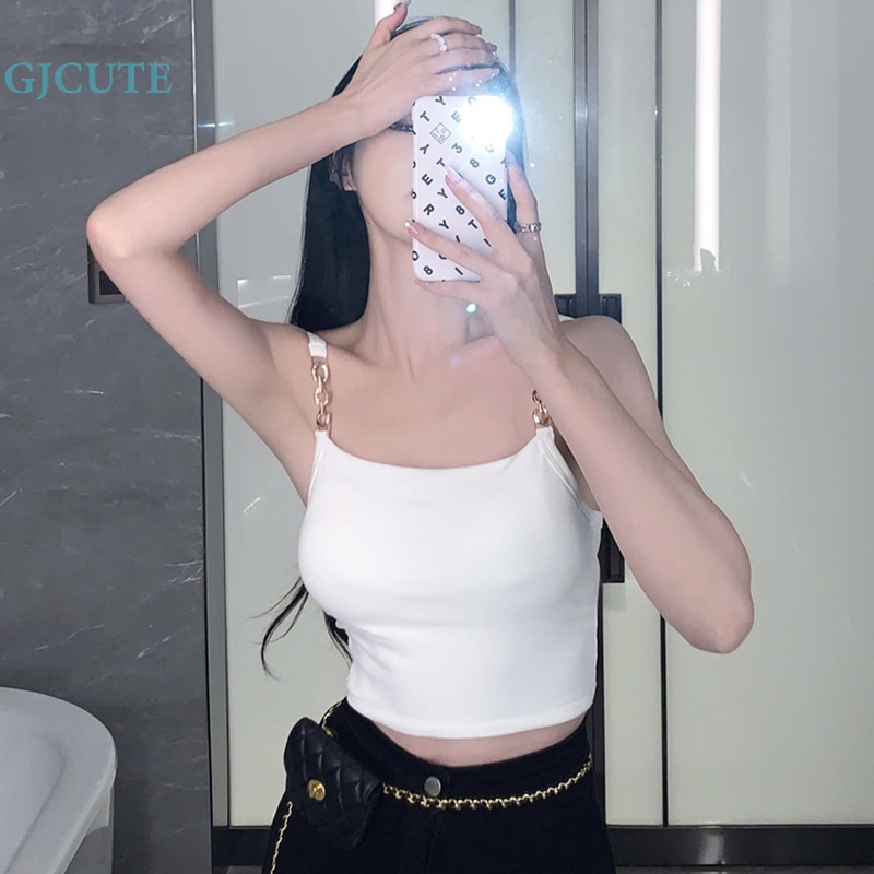 Gjcute Áo Hai Dây Mỏng Mùa Hè Có Đệm Ngực Màu Trơn Phối Dây Xích hottie Cho Nữ wtd