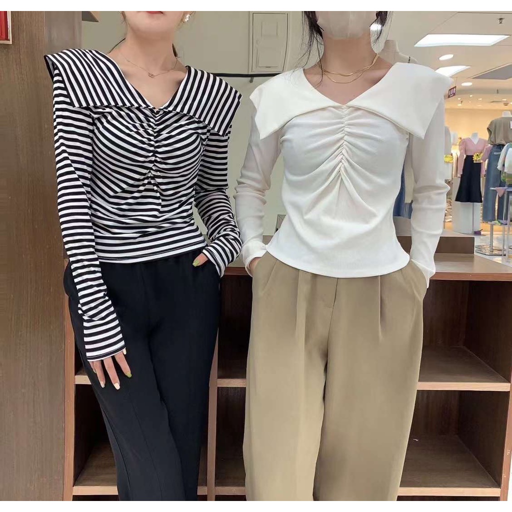 Áo len mtg dài tay cổ xẻ dúm ngực hàng QC