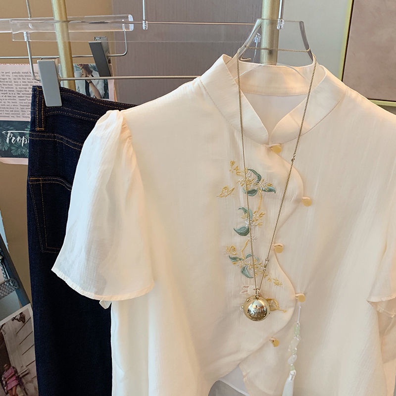 Áo Sơ Mi chiffon Tay Ngắn Thêu Họa Tiết Phong Cách Trung Hoa Cổ Điển Thời Trang Mùa Hè Hàng Mới Dành Cho Bạn Nữ