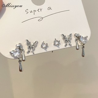 Set 6 khuyên tai DODDER dạng xỏ mạ bạc kiểu trái tim bướm đính đá zircon thời trang cho nữ