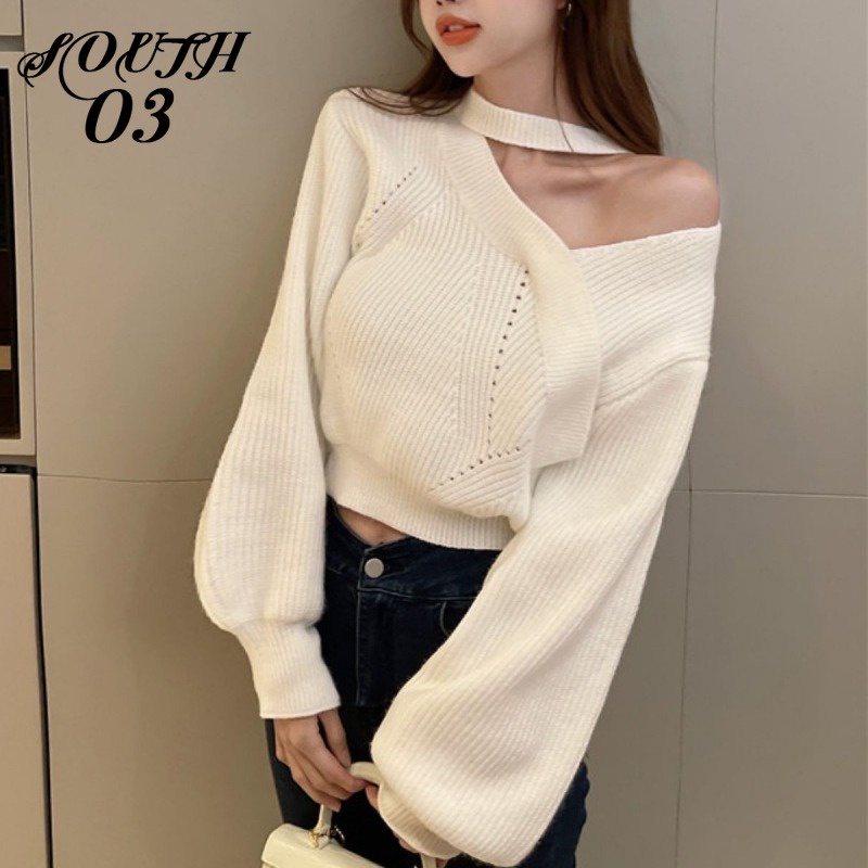 Áo sweater Cổ Treo Dáng Ngắn Thời Trang Thu Đông Cho Nữ Áo Croptop Áo Len