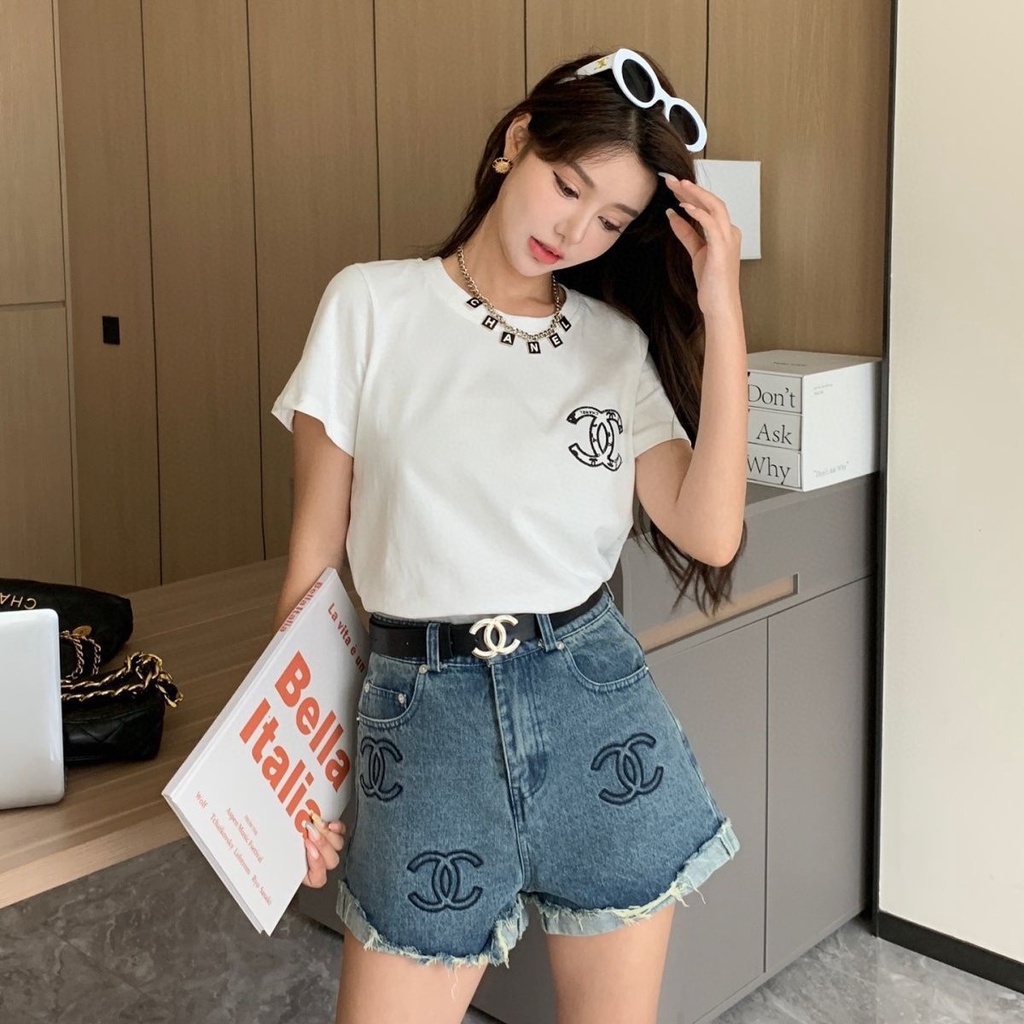 Quần Short jeans Lưng Cao Thêu Chữ Thời Trang Cho Nữ