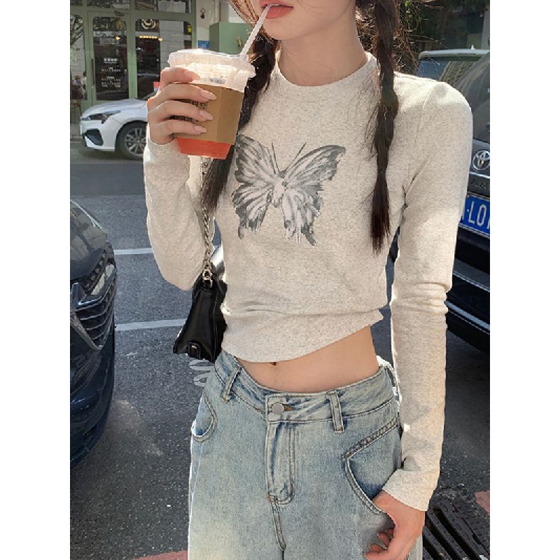 Áo baby tee Áo croptop tay dài Áo Thun Tinh Khiết Tay Dài Hở Vai Dáng Ôm In Họa Tiết Bướm Thời Trang Mùa Thu Cho Nữ