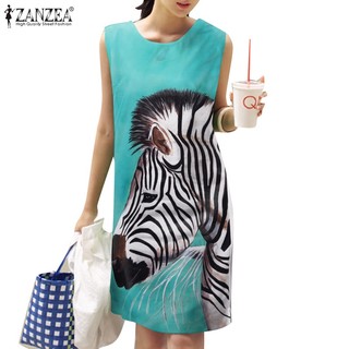 Zanzea Đầm Nữ Cộc Tay Cổ Tròn Xẻ Tà Thời Trang Hàn