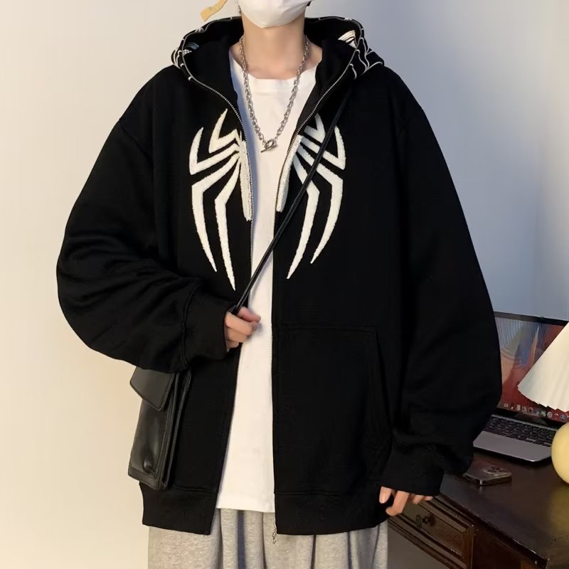 Áo Khoác Hoodie Có Khóa Kéo In Hình Người Nhện Phong Cách retro Mỹ Thời Trang Thu Đông Cho Nam