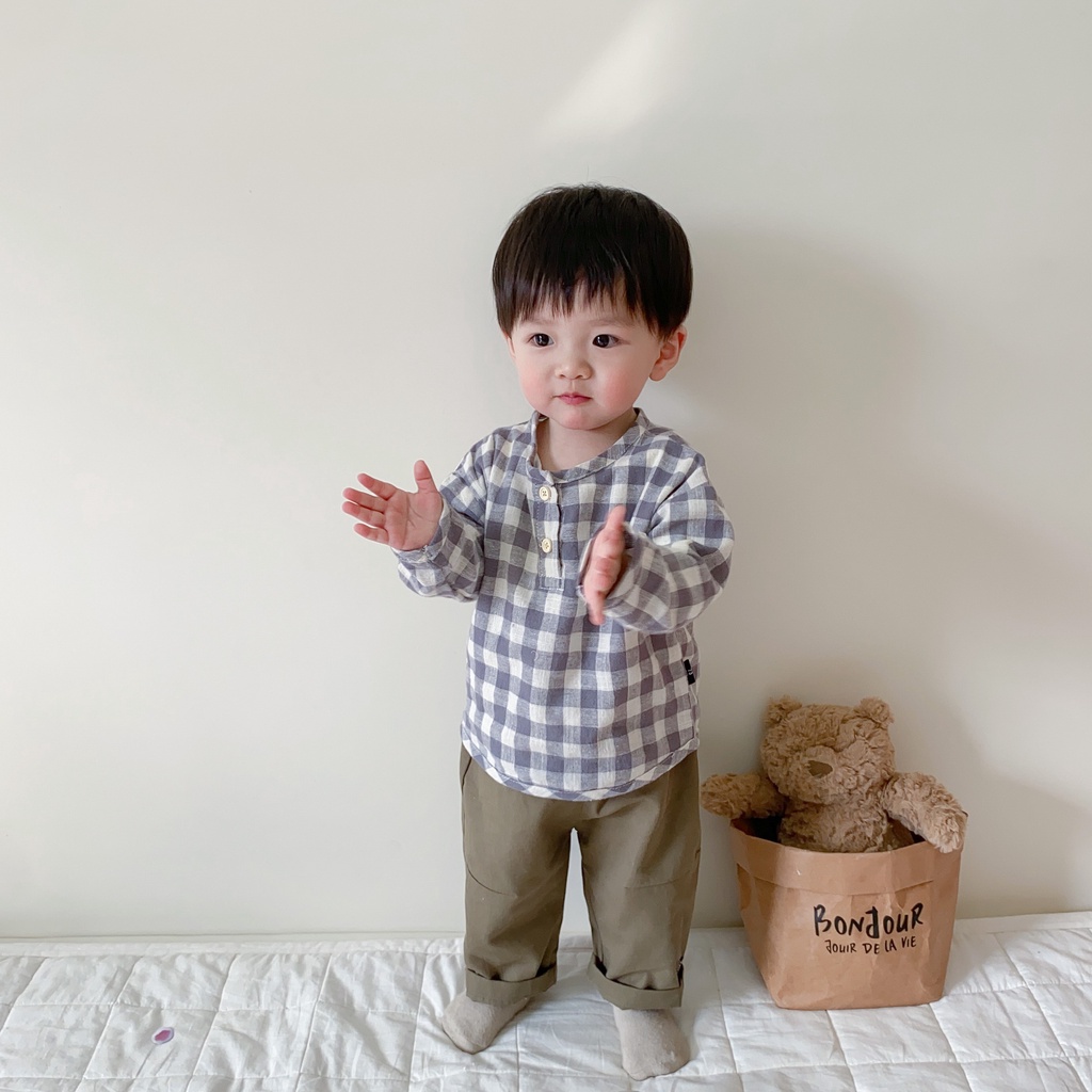 Áo Sơ Mi Tay Dài Dáng Rộng Sọc Ca Rô Thời Trang Cá Tính Cho Bé Trai