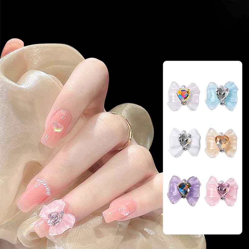 Set 5 Hạt Đá resin 3d Hình Nơ Trái Tim Lấp Lánh Trang Trí Móng Tay Cho Nữ