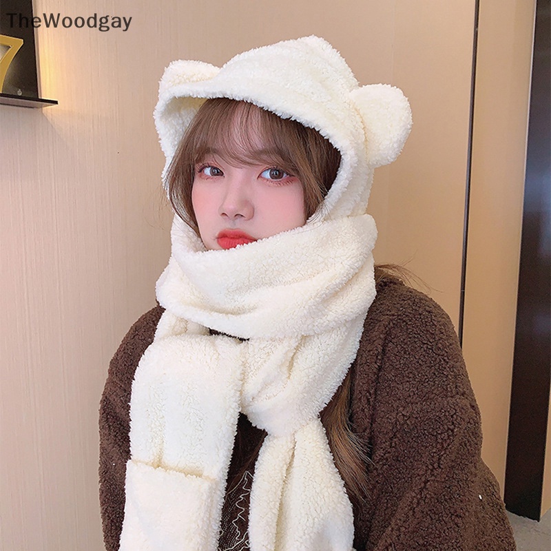 1 Mũ Khăn Choàng / Găng Tay / Mũ Tai Gấu 3 Trong 1 Bằng Vải Bông Giữ Ấm Mùa Đông Dành Cho Bạn Nữ