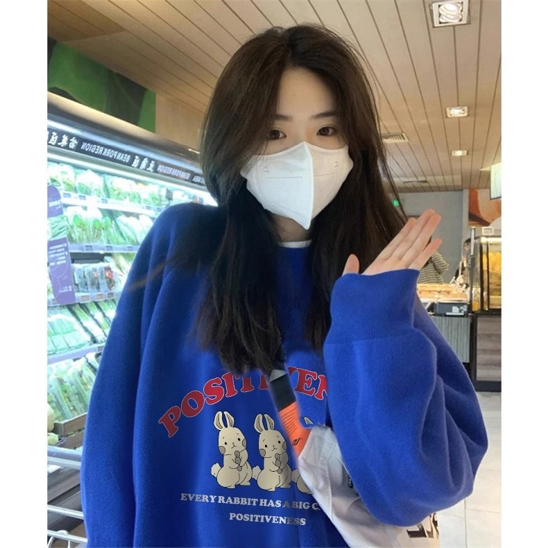 HIIXIIVI Áo Sweater cotton Tay Dài Dáng Rộng In Họa Tiết Thời Trang Hàn Quốc Mới 2024