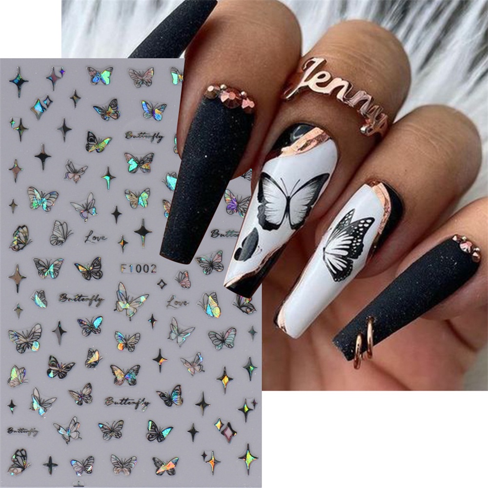 ♕ Nail Art Butterfly Nail Sticker Màu đen và trắng Laser lỏng hình con bướm cong Ngôi sao lấp lánh mịn Nhãn dán trang trí móng tay Công cụ làm móng tay cho cửa hàng làm móng NỘI THẤT