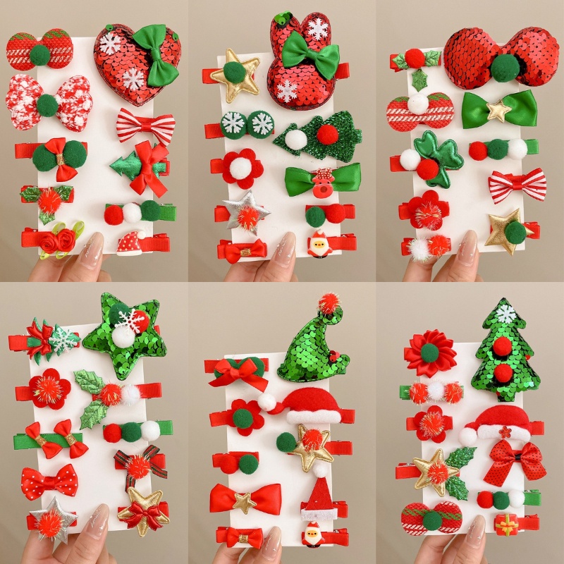 Set 10 Kẹp Tóc Đính Kim Sa Màu Đỏ / Xanh Lá / Đỏ Phong Cách Giáng Sinh Cho Bé Gái