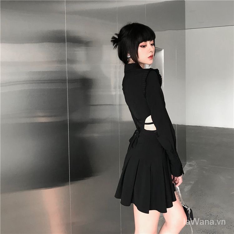 Đầm Sơ Mi Đen Tay Dài Chiết Eo Kiểu Pháp Thời Trang Xuân Thu Cho Nữ